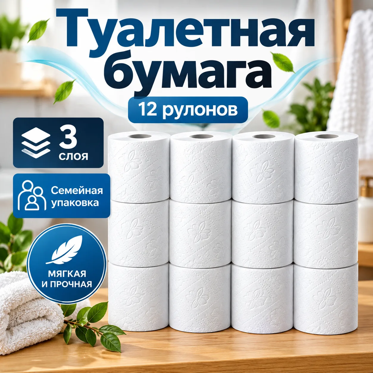 Туалетная бумага 12 рулонов 3 слоя