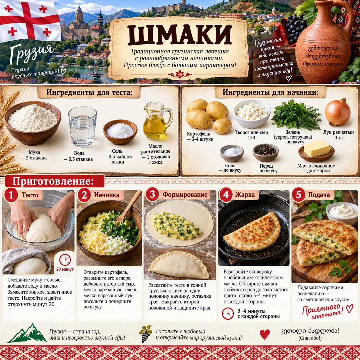Шмаки — это традиционное грузинское блюдо, представляющее собой лепешку, наполненную ра...