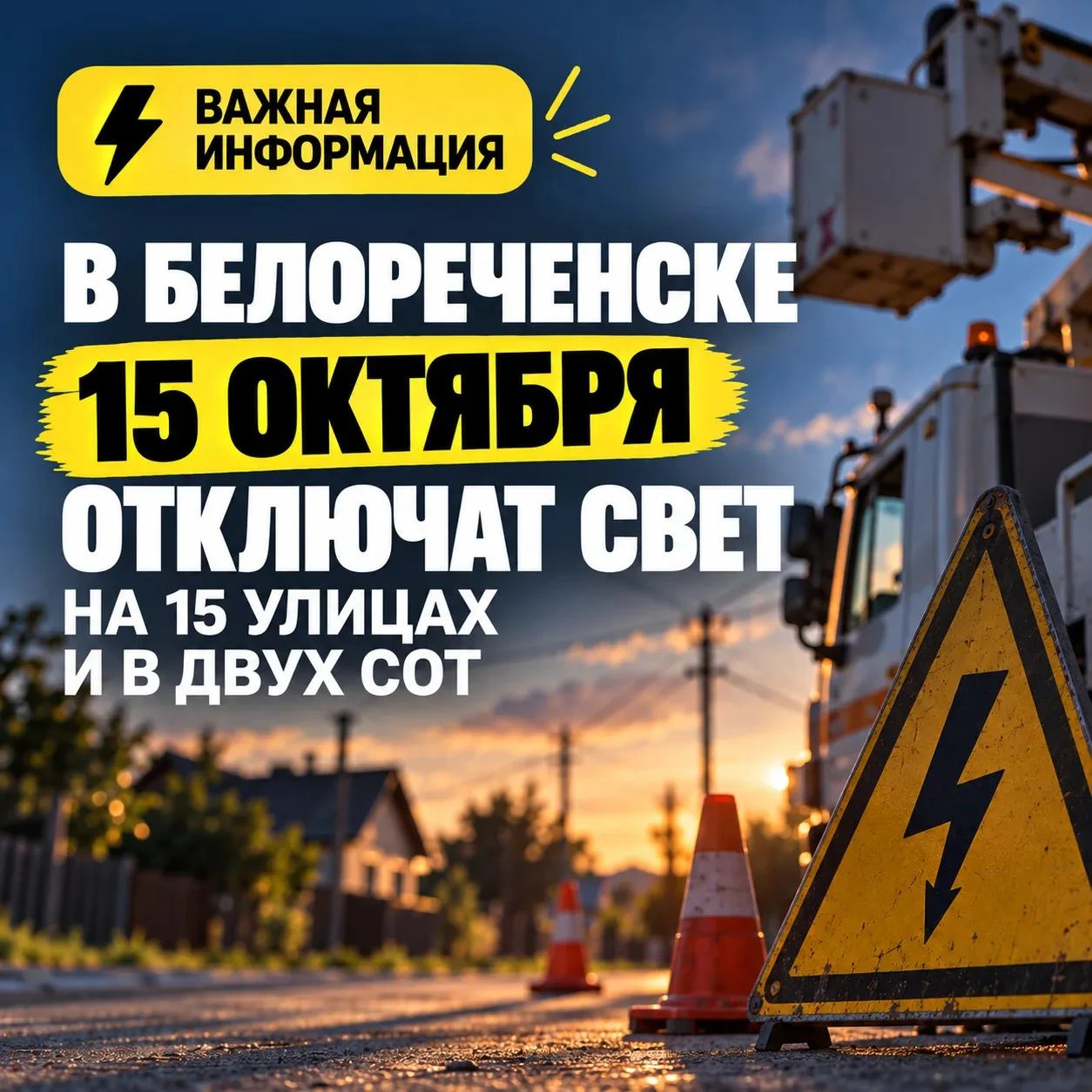 ⚡ В Белореченске 15 октября отключат свет на 15 улицах и в двух СОТ