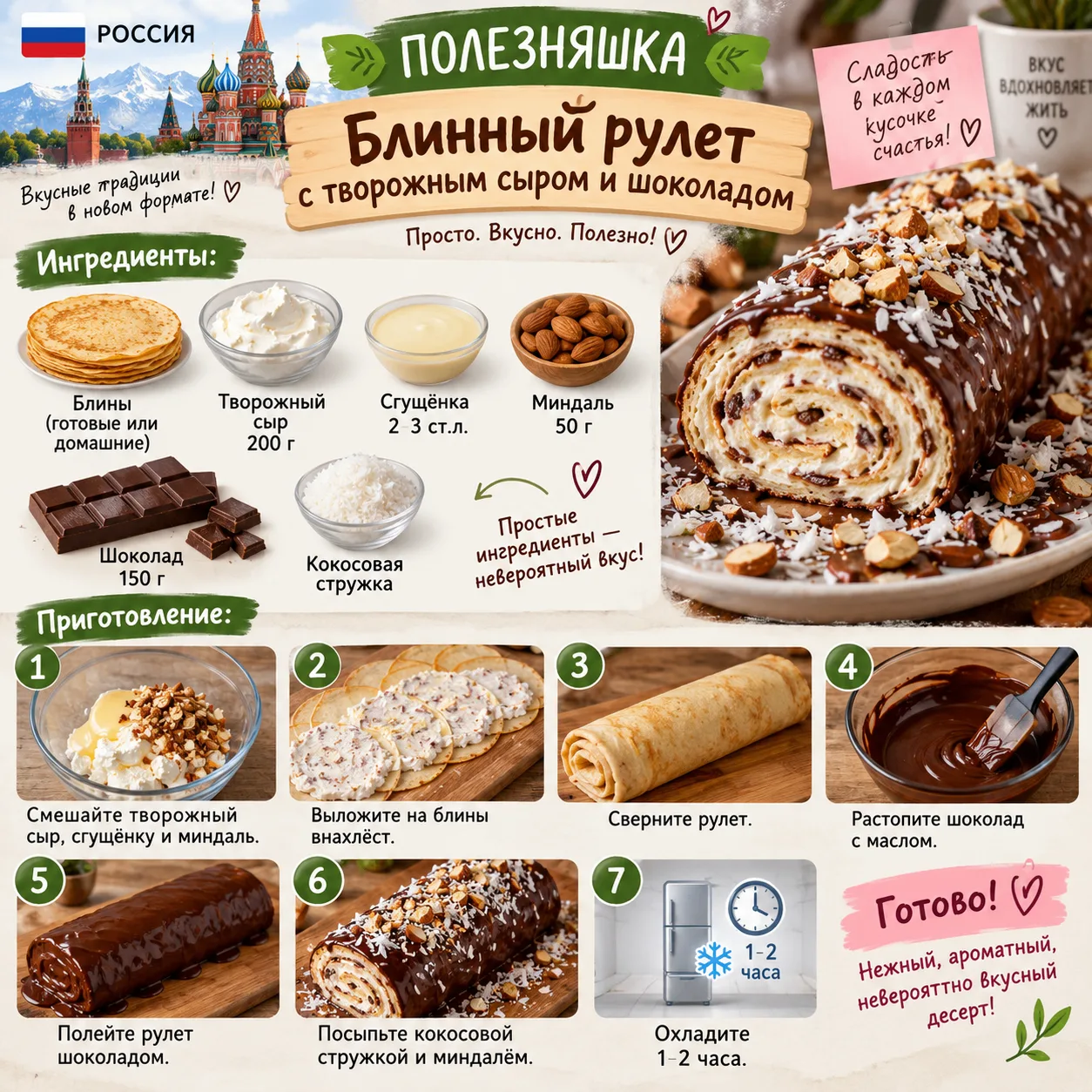 Блинный рулет с творожным сыром и шоколадом     Ингредиенты: блины, творожный сыр 200 г...