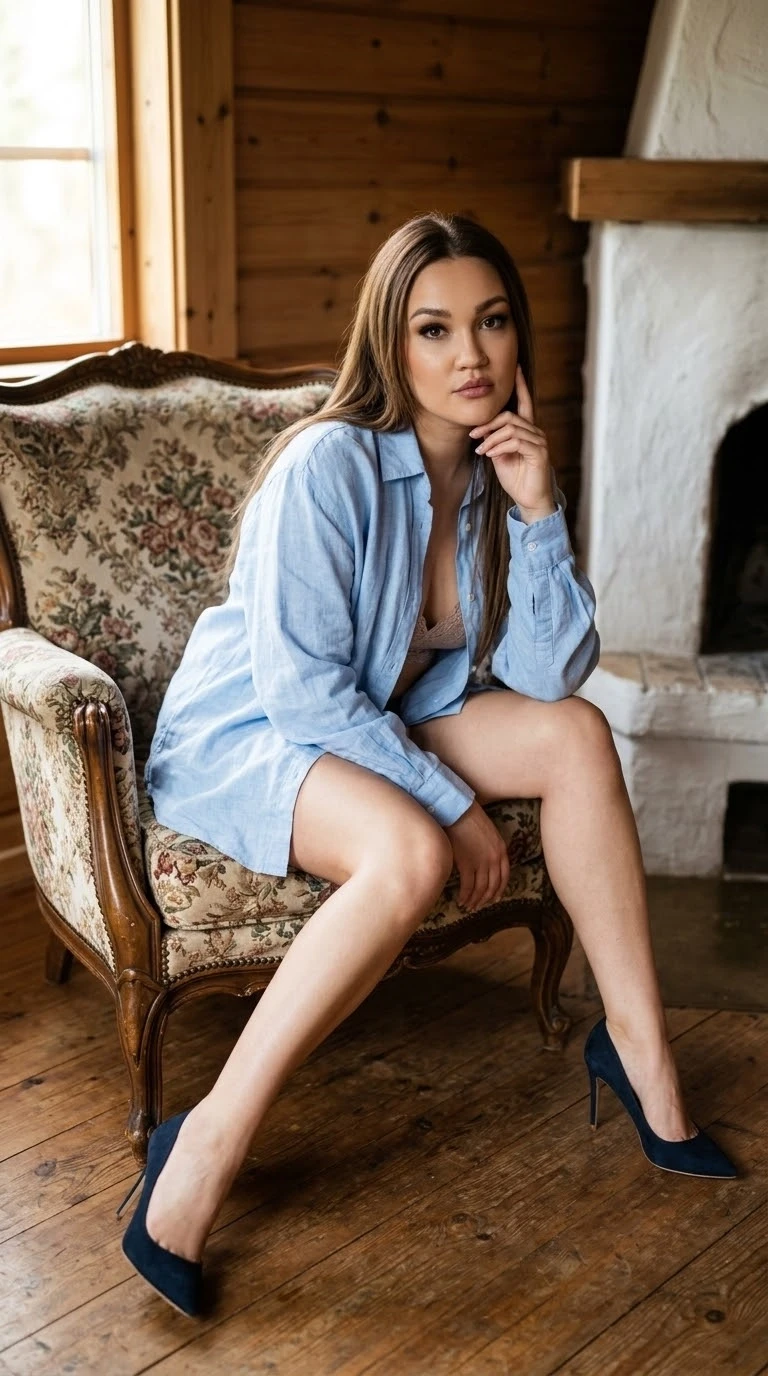 A woman with long brunette hair sits gracefully on an ornate, floral-patterned vintage ...