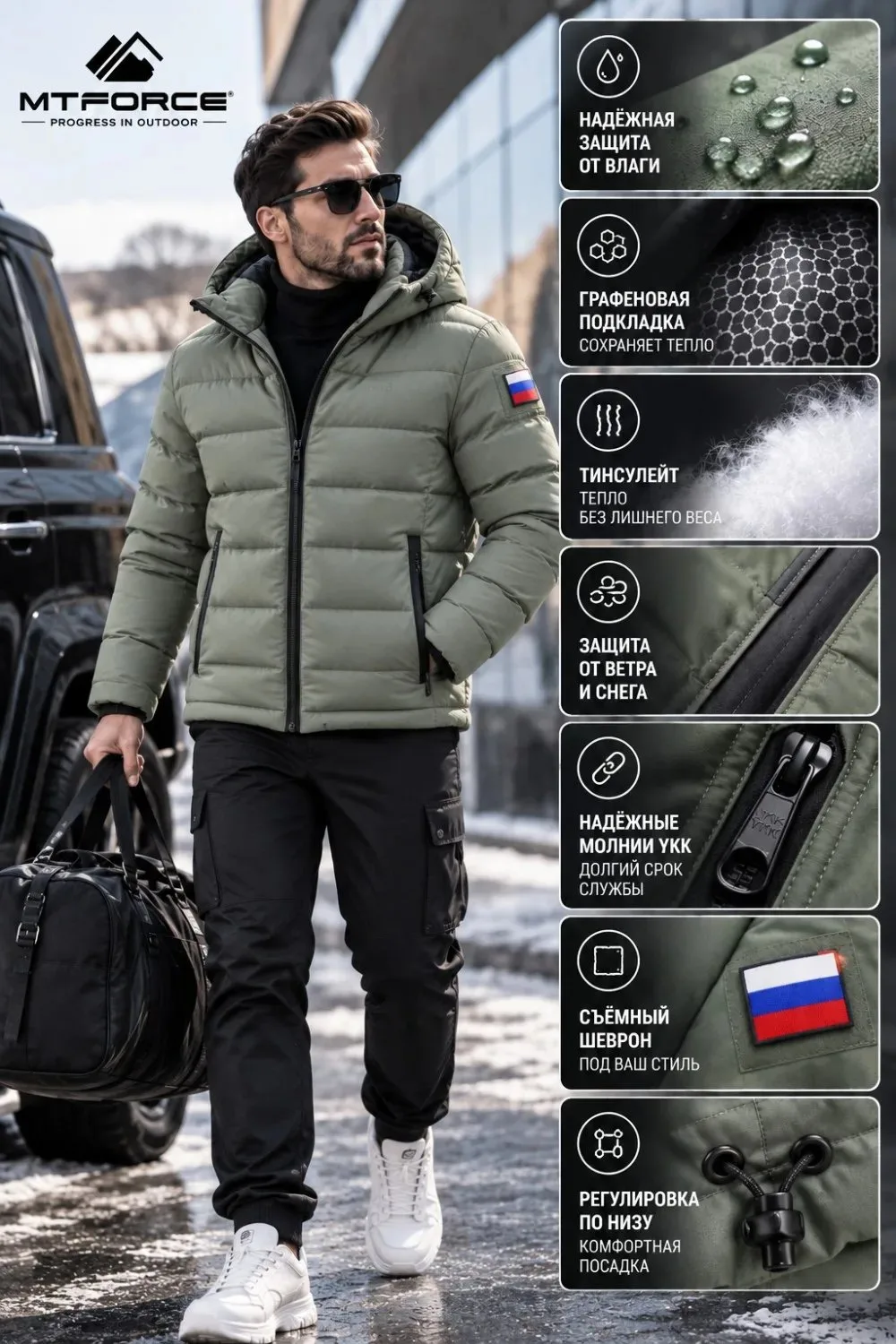 🛍️ Мужская зимняя стёганая куртка с графеновой подкладкой зеленого цвета 9651Z