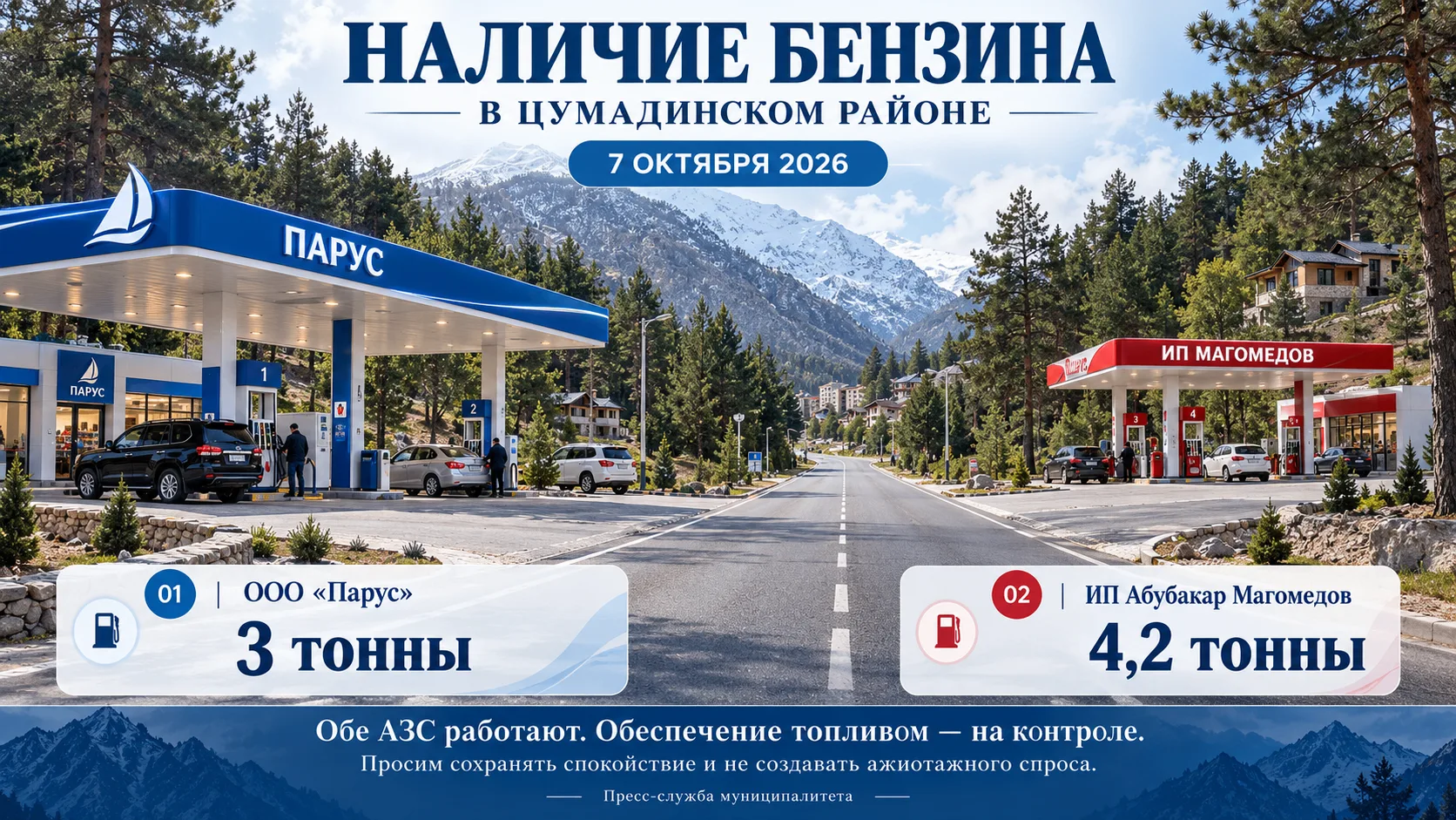 ИНФОРМАЦИЯ О НАЛИЧИИ БЕНЗИНА В ЦУМАДИНСКОМ РАЙОНЕ НА 7 ОКТЯБРЯ