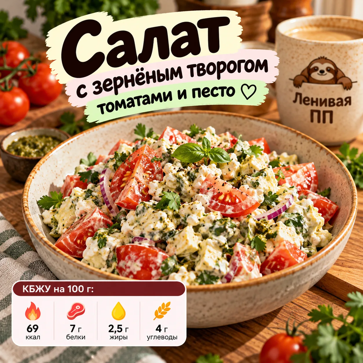 🥗 Салат с зернёным творогом, томатами и песто