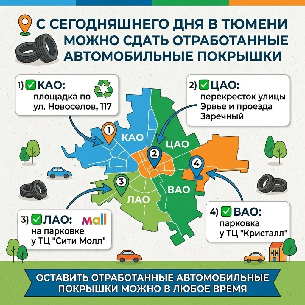 📍С сегодняшнего дня в Тюмени можно будет сдать отработанные автомобильные покрышки.