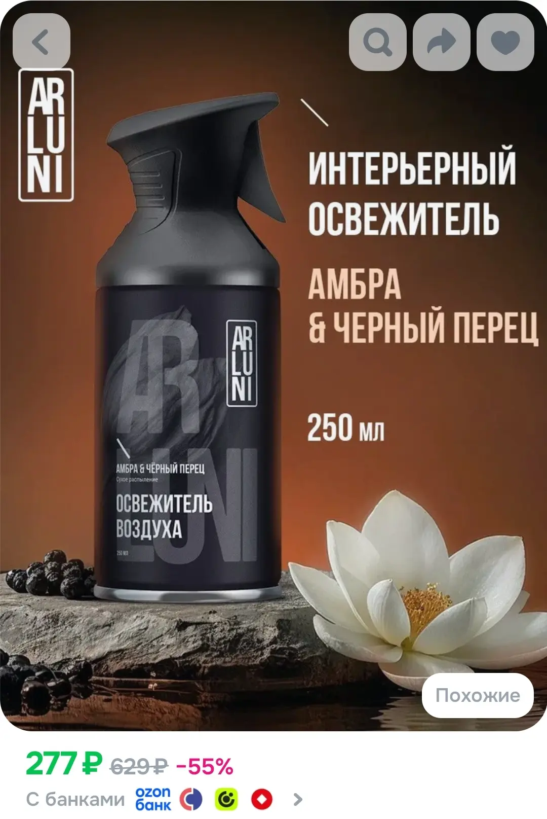 Arluni Освежитель воздуха для туалета и дома, сухое распыление, Амбра и черный перец, 2...
