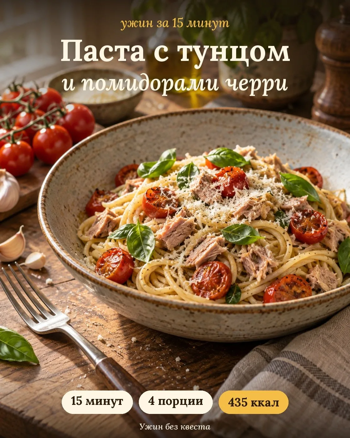 Паста с тунцом и помидорами: пятничный ужин за 15 минут 🍝
