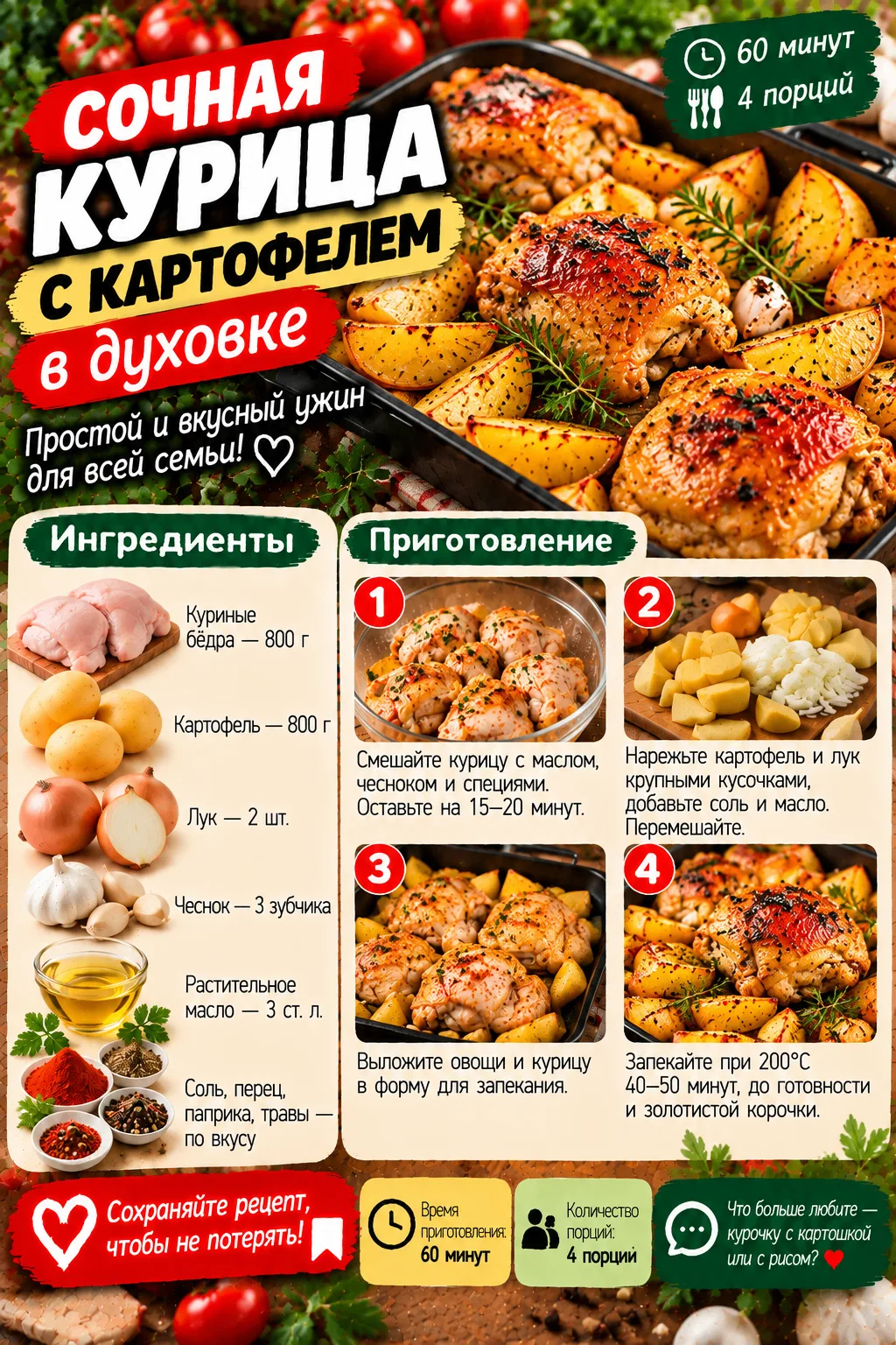 🍗 СОЧНАЯ КУРИЦА С КАРТОФЕЛЕМ В ДУХОВКЕ 🥔❤️Румяная курочка, ароматный картофель и аппе...