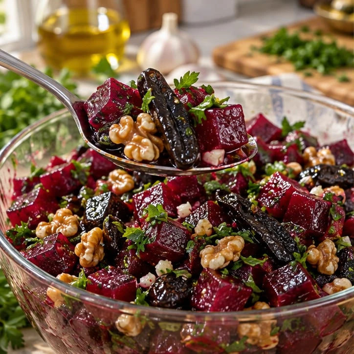СВЕКОЛЬНЫЙ САЛАТ С ЧЕРНОСЛИВОМ И ГРЕЦКИМИ ОРЕХАМИ