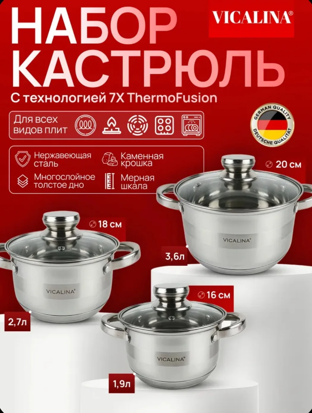 Набор кастрюль 3 в 1 с крышкой из нержавеющей стали, с антипригарным покрытием, для все...