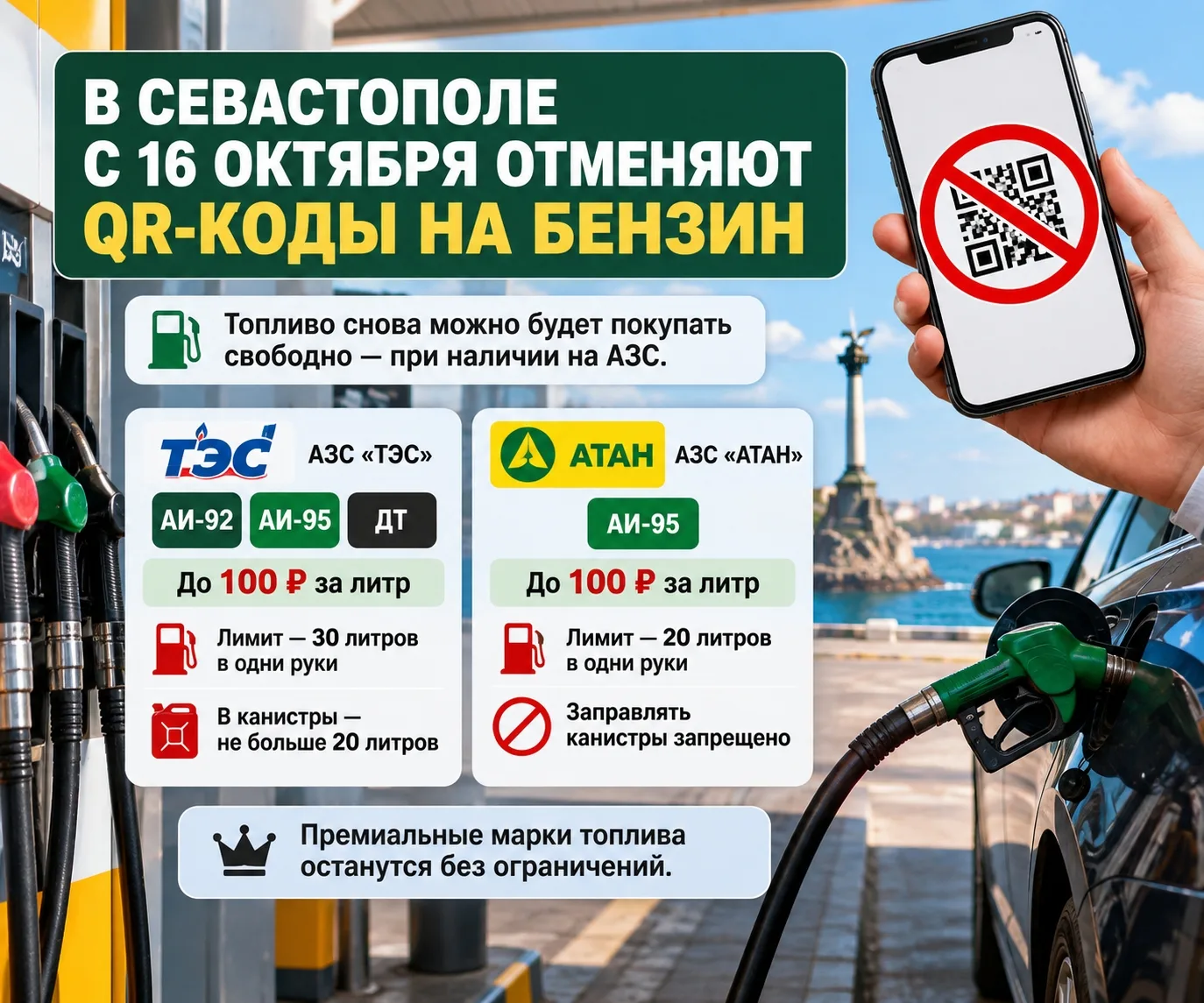 ⛽️ В Севастополе с 16 октября отменяют QR-коды на бензин — но ограничения остаются!