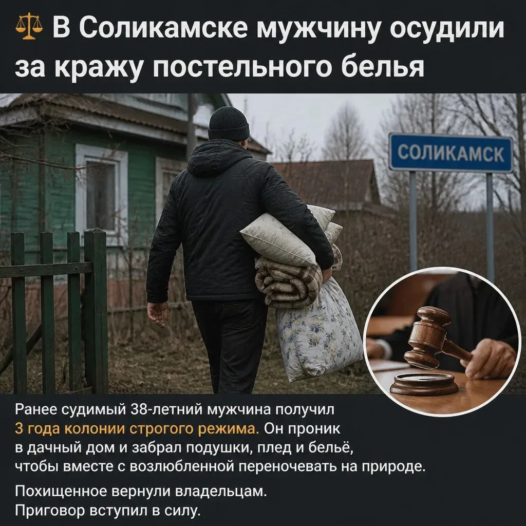 ⚖ В Соликамске мужчину осудили за кражу постельного белья