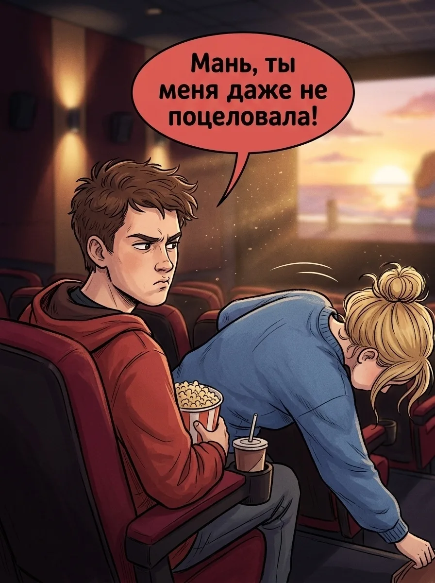 На последнем ряду почти пустого зала парень обращается к девушке: