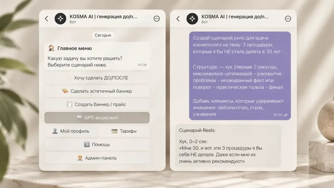 Промпт: Делаем вирусный Reels для косметолога, через KOSMA AI.