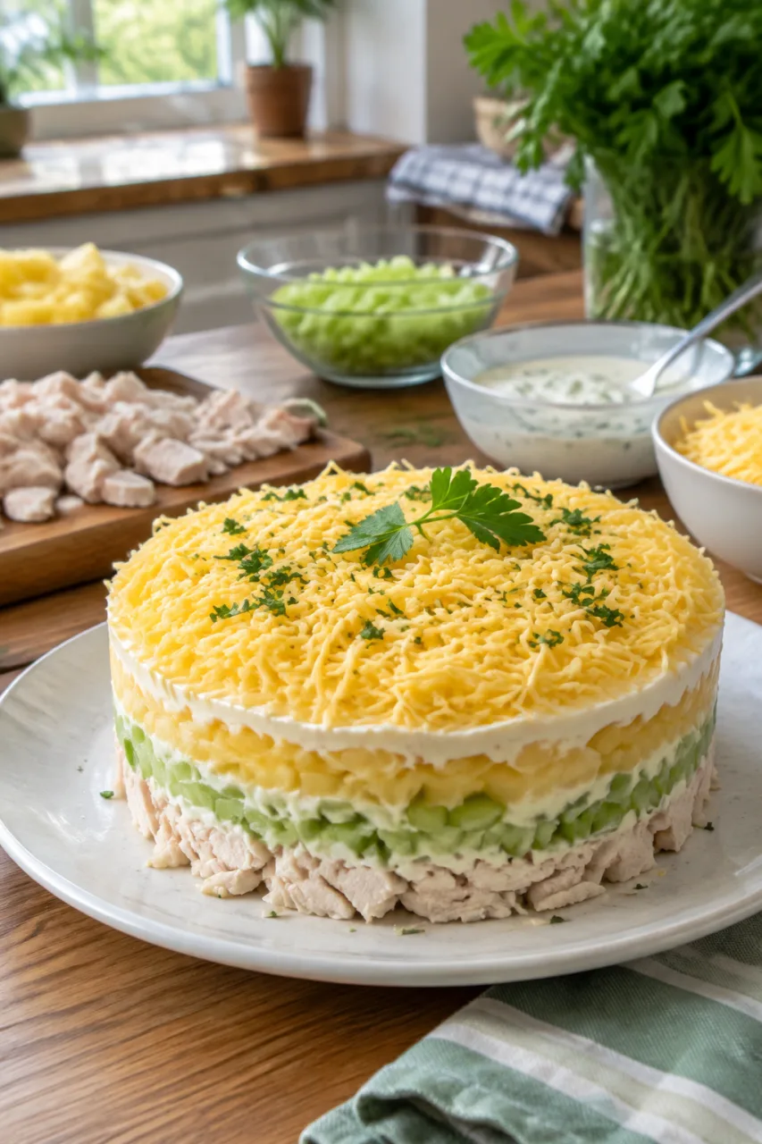СЛОЁНЫЙ САЛАТ С КУРИЦЕЙ И АНАНАСОМ БЕЗ СУХОСТИ! СЕКРЕТ ИДЕАЛЬНОЙ ПРОПИТКИ С СОУСОМ ИЗ Й...