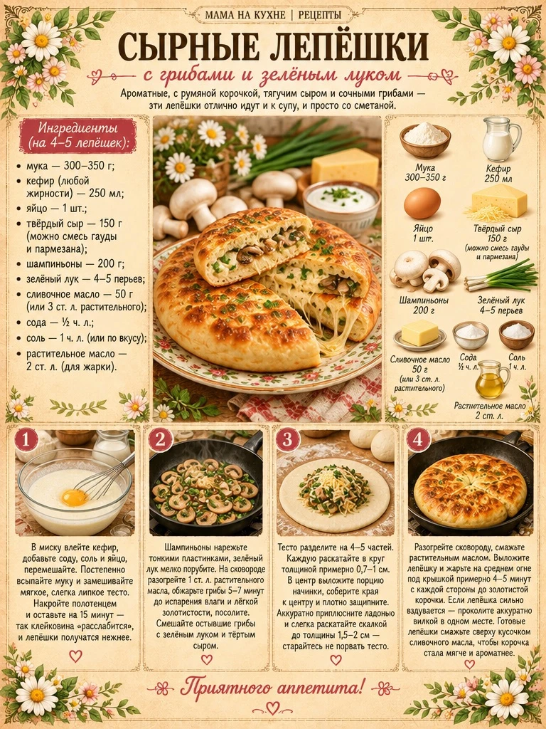 🌸 Сырные лепёшки с грибами и зелёным луком 🌸