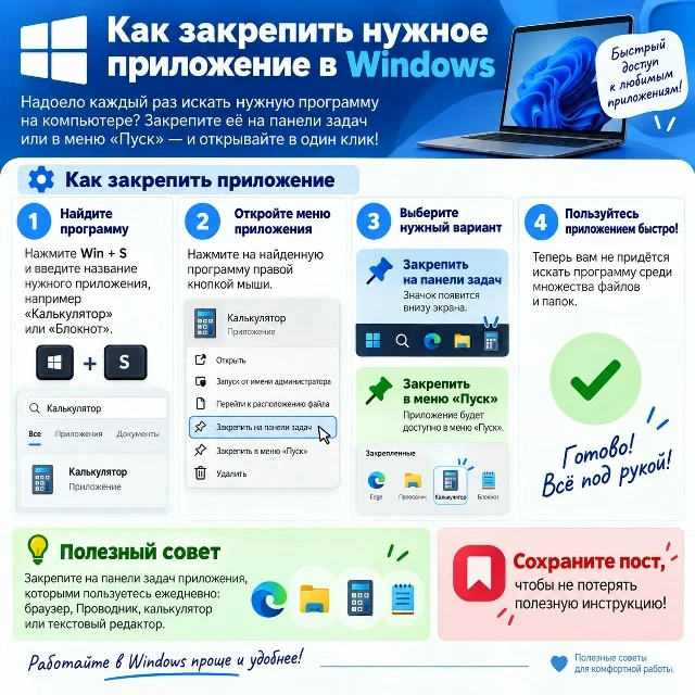 📌 Как закрепить нужное приложение в Windows