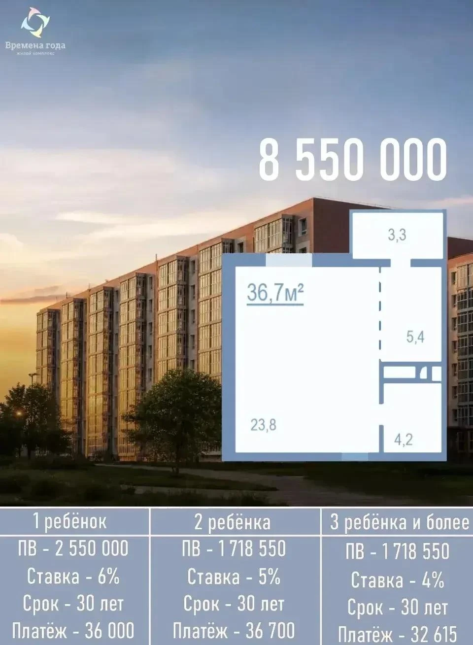 🔥🔥🔥 Горячее предложение — последние две квартиры в жилом комплексе комфорт-класса по...