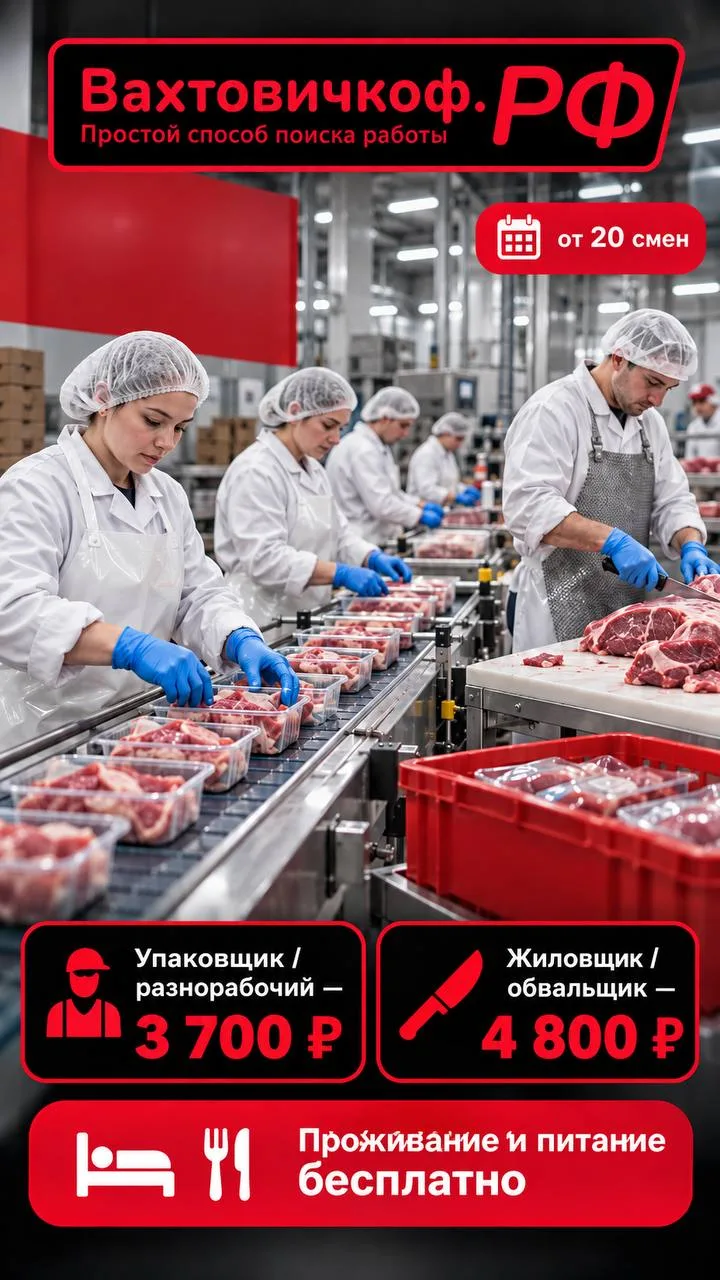 🥩ПРОИЗВОДСТВО МЯСНОЙ ПРОДУКЦИИ | 74 000₽ - 96 000₽ за 20 смен