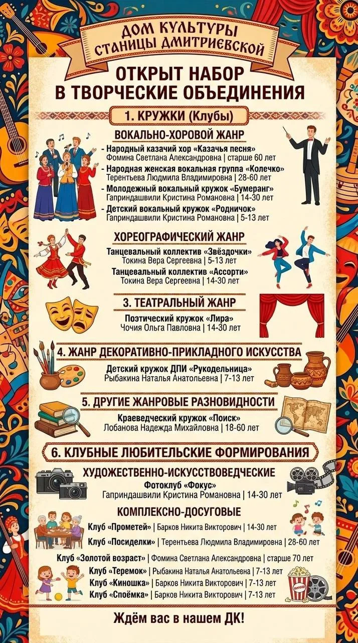 🎭 Открыт набор в творческие объединения Дома культуры  ст. Дмитриевской!
