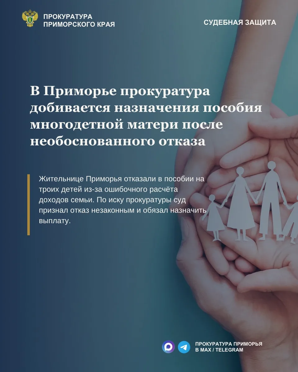 В Приморье прокуратура добивается назначения пособия многодетной матери после необоснов...