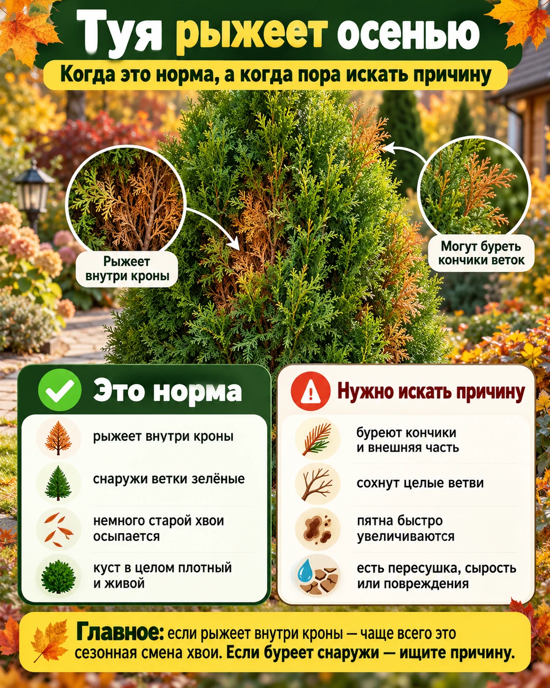 🌲 ТУЯ РЫЖЕЕТ ОСЕНЬЮ: НОРМА ИЛИ ПОРА ИСКАТЬ ПРИЧИНУ?