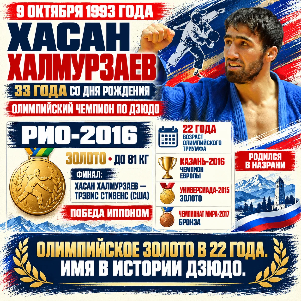 🥋🇷🇺 33 года Хасану Халмурзаеву — олимпийскому чемпиону, который покорил Рио!
