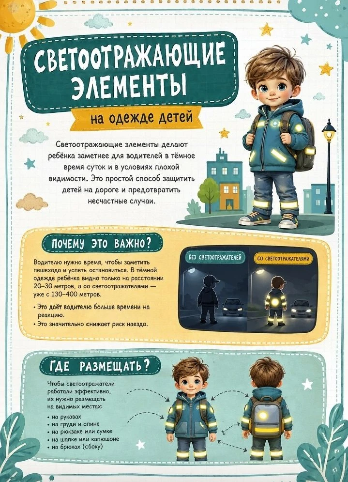 Присутствие светоотражающих элементов на детской одежде может значительно снизить детск...