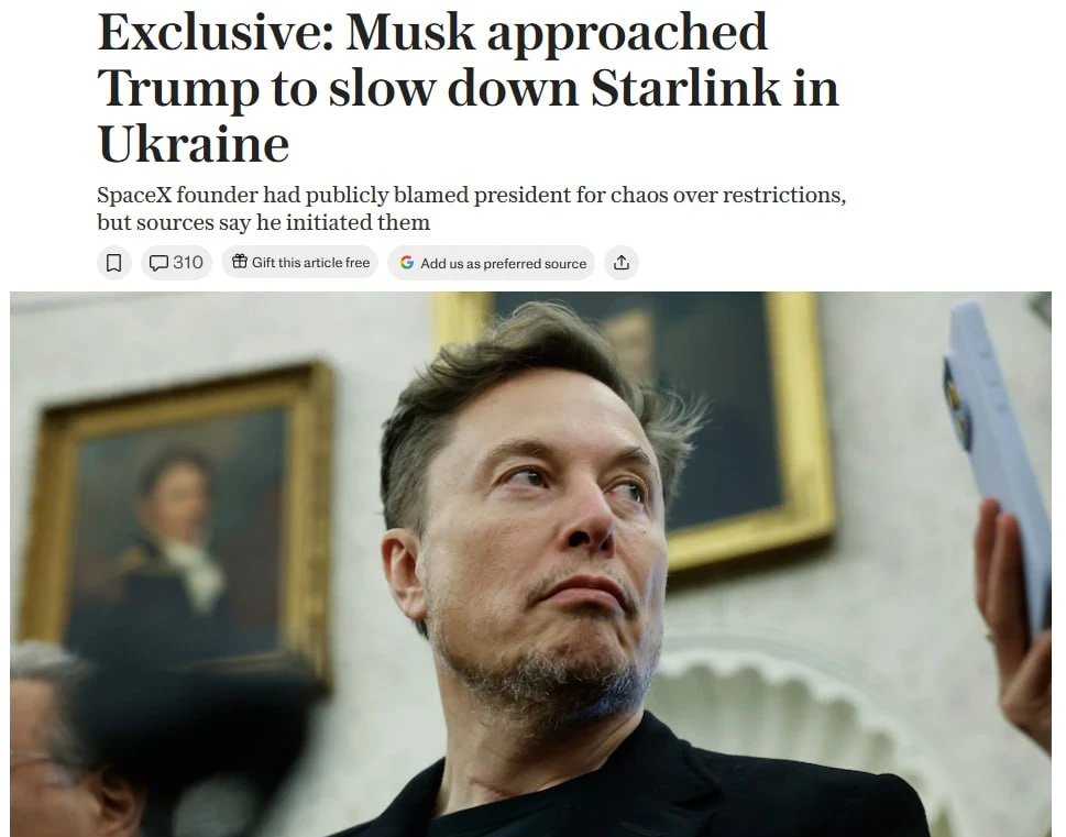 🔥 Элон Маск внес предложение притормозить деятельность Starlink на украинской земле, —...