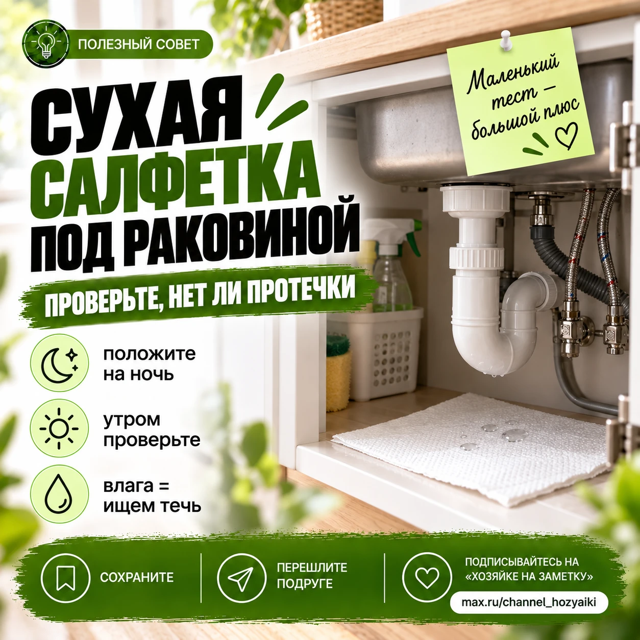 💧 Положите сухую салфетку под раковину на ночь