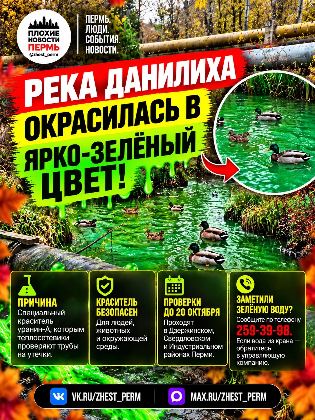 😱 В Перми река Данилиха окрасилась в ярко-зелёный цвет!