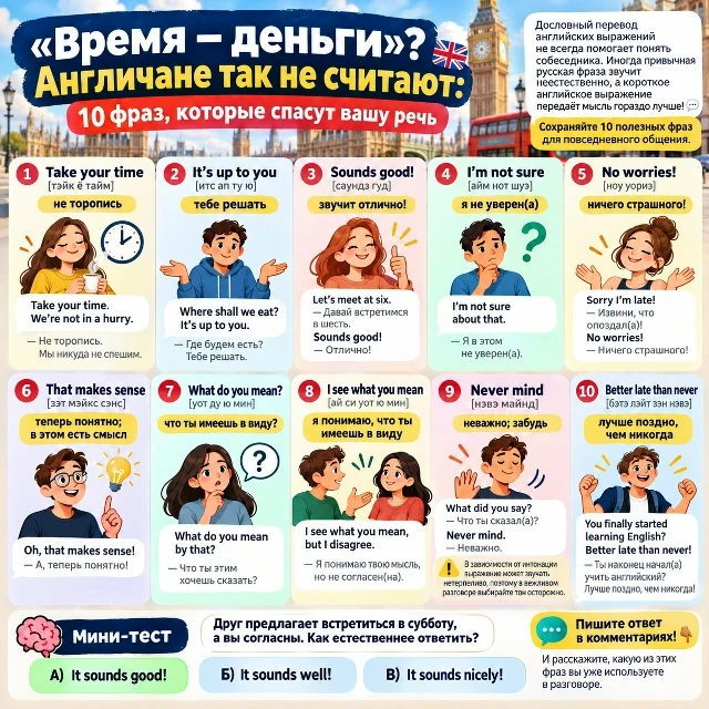 🇬🇧 «Время — деньги»? Англичане так не считают: 10 фраз, которые спасут вашу речь