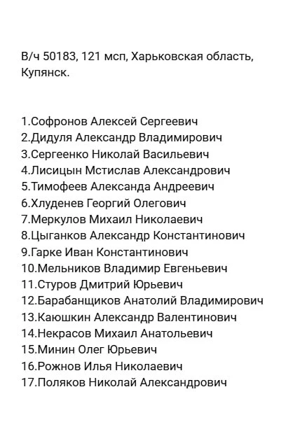 Список БП (в/ч 50183), 121 мсп, Харьковская область, Купянск.