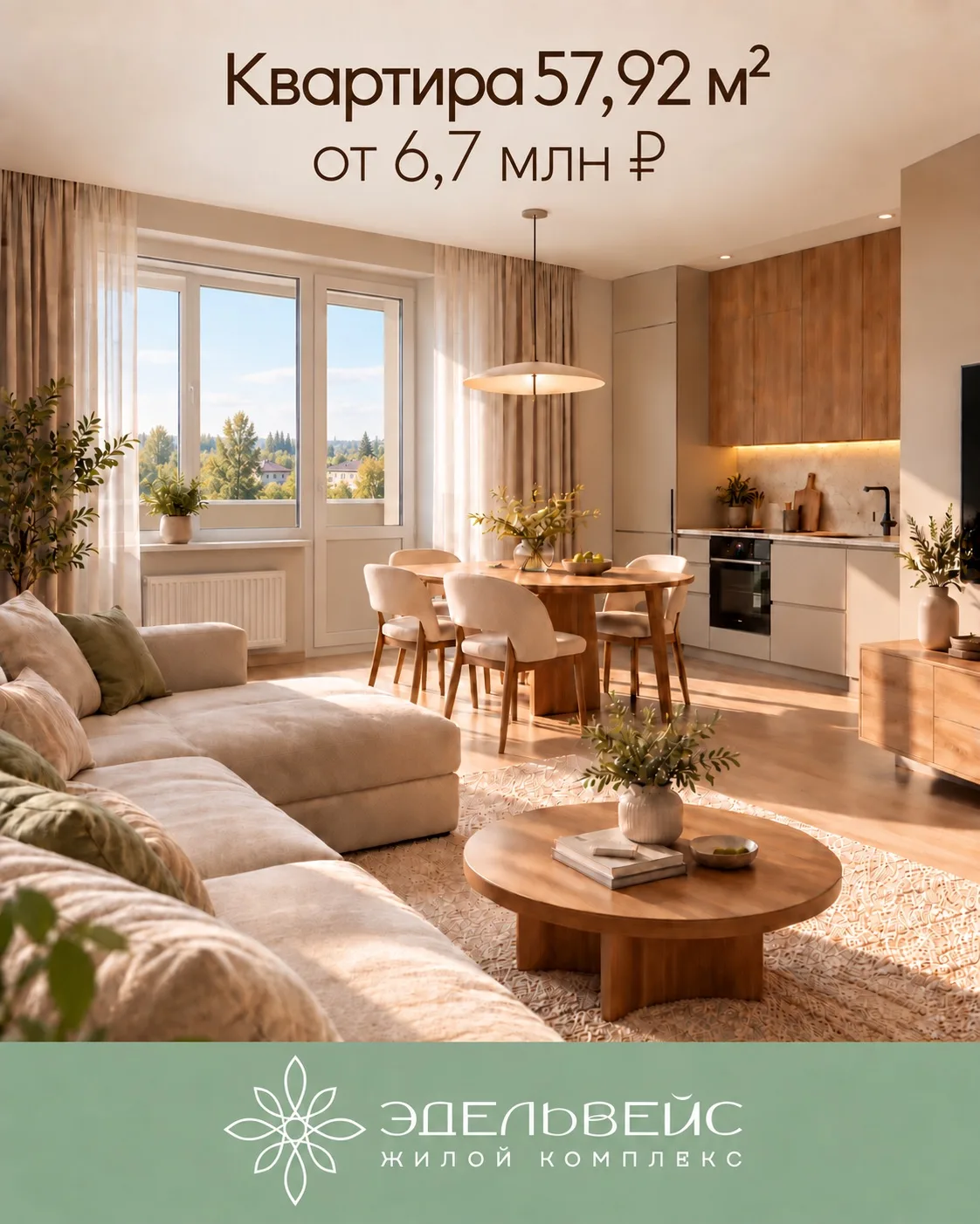 Двухкомнатная квартира в ЖК «Эдельвейс» — 57,92 м².