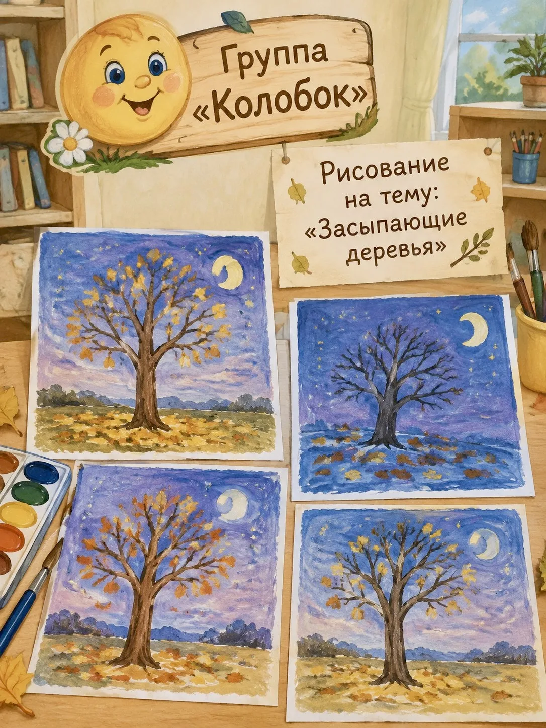 Сегодня в группе" Колобок " прошло занятие на тему " Засыпающие деревья" . Дети узнали ...