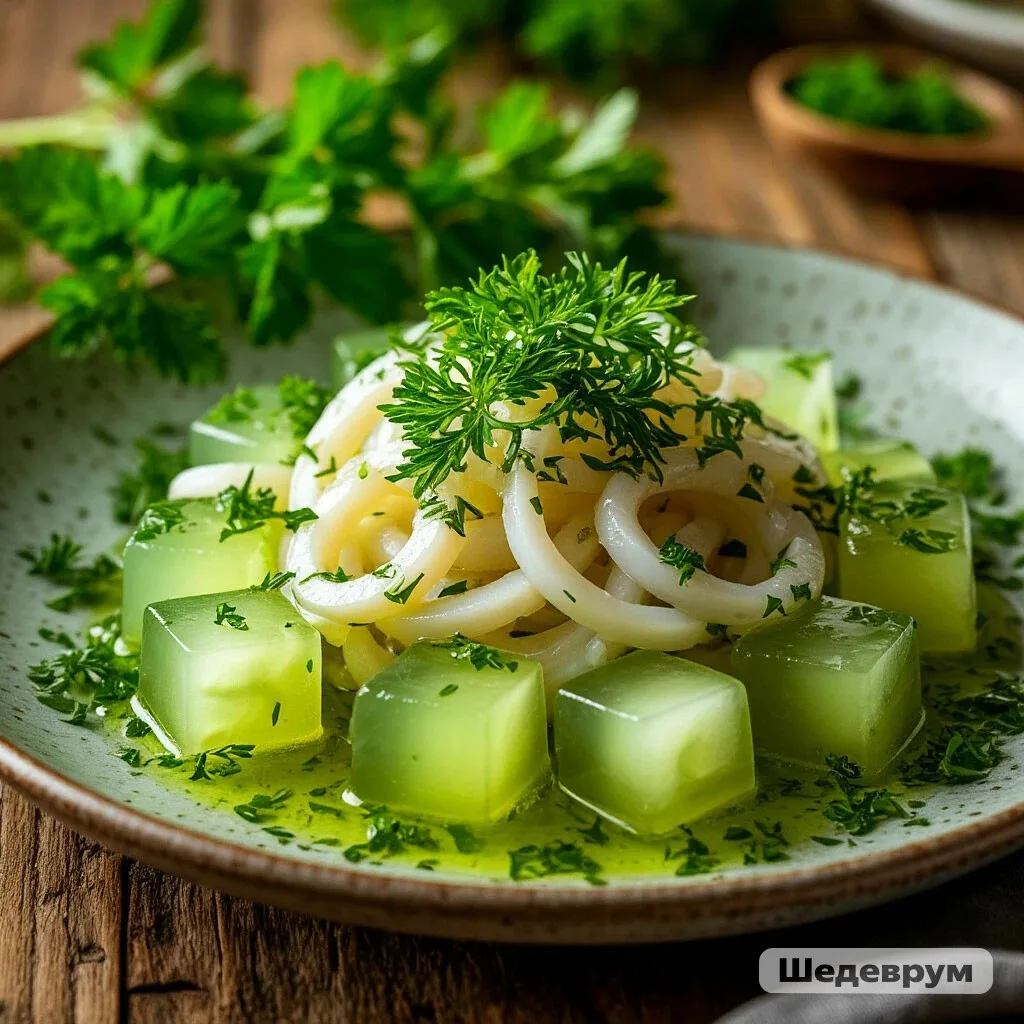 САЛАТ С КАЛЬМАРАМИ И ОГУРЕЧНЫМ ЖЕЛЕ — РЕСТОРАННАЯ ПОДАЧА ДОМА! 🦑🥒✨