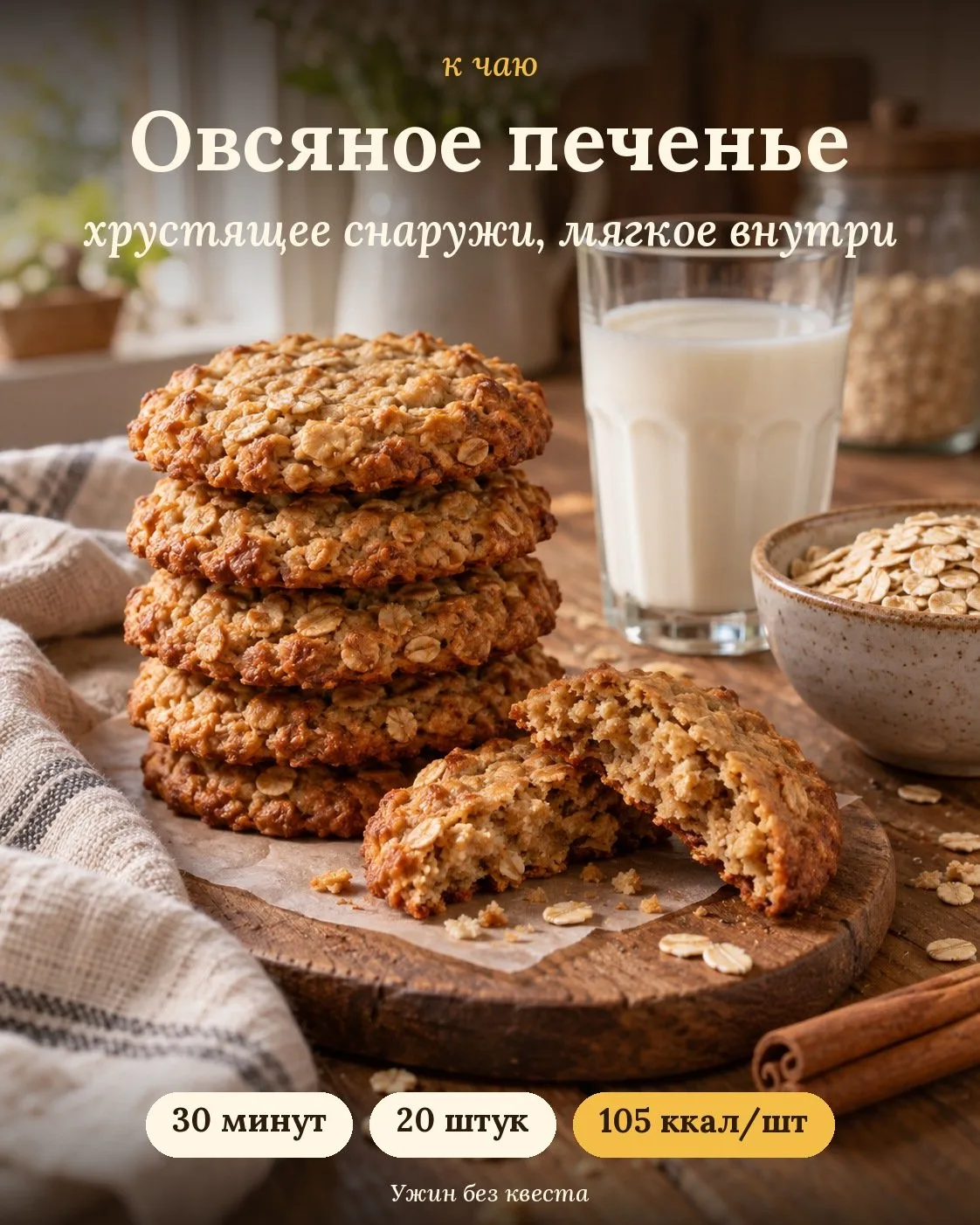 Овсяное печенье за 30 минут: хрустящее снаружи, мягкое внутри 🍪