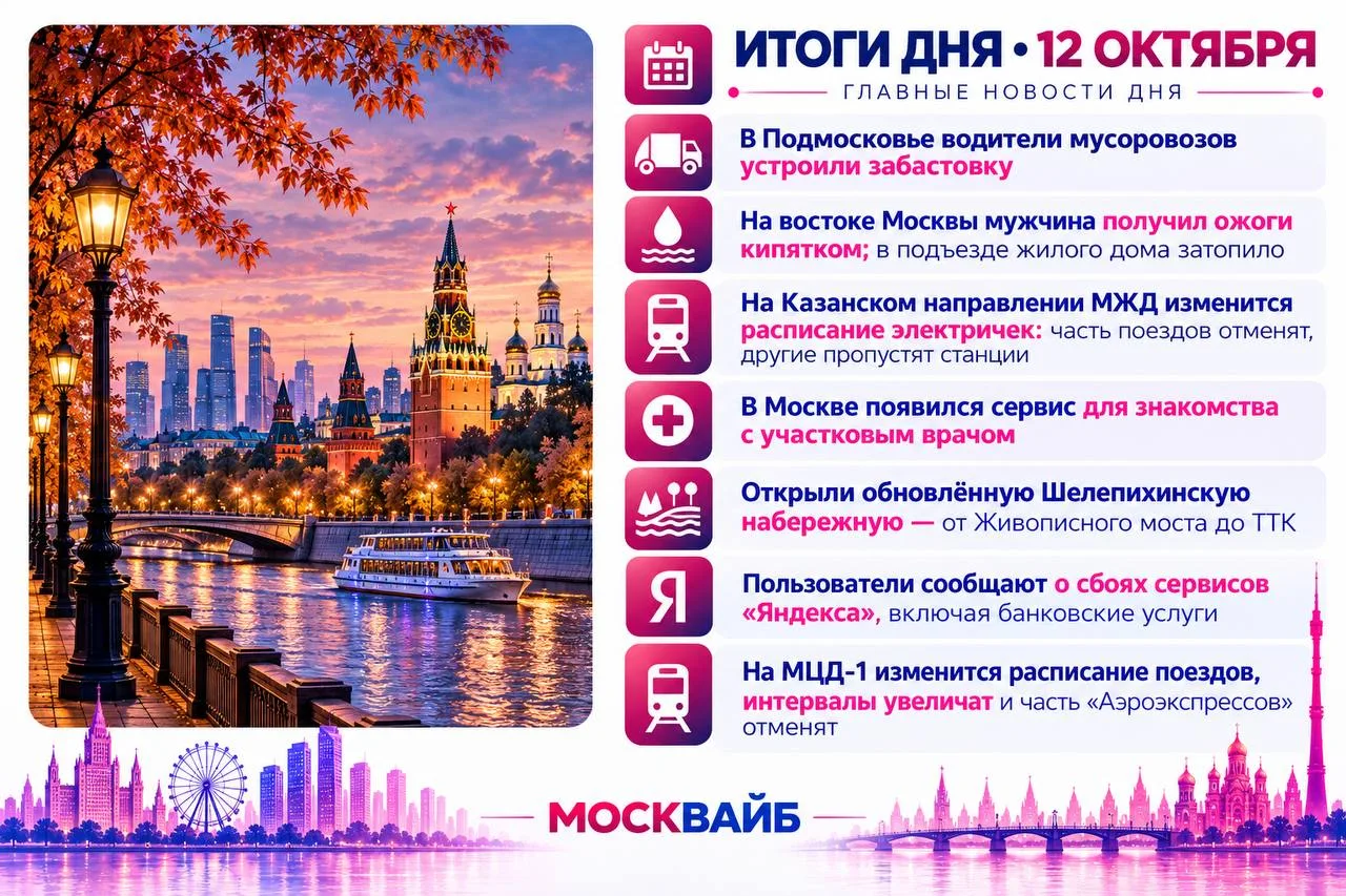 12 октября в Москве главными темами стали забастовка водителей мусоровозов в Подмосковь...