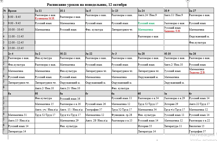 Расписание уроков на понедельник, 12 октября, с изменениями основного, в связи с прохож...