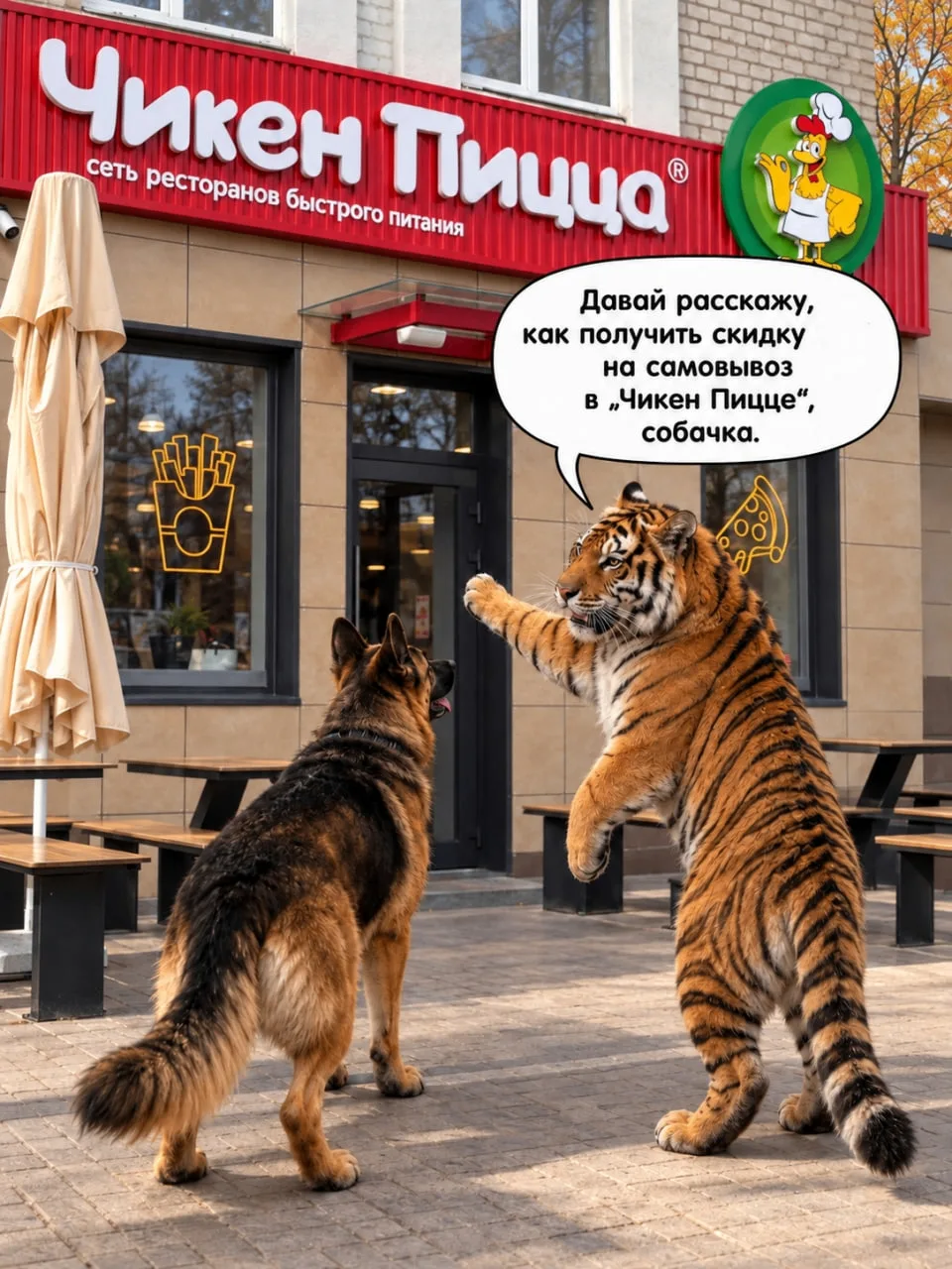 Подхватили мем про тигра и собачку и отправили их в «Чикен Пиццу» 🐯🍕