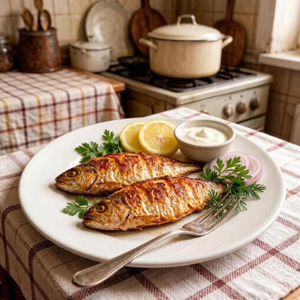Скумбрия, запечённая с горчицей и луком