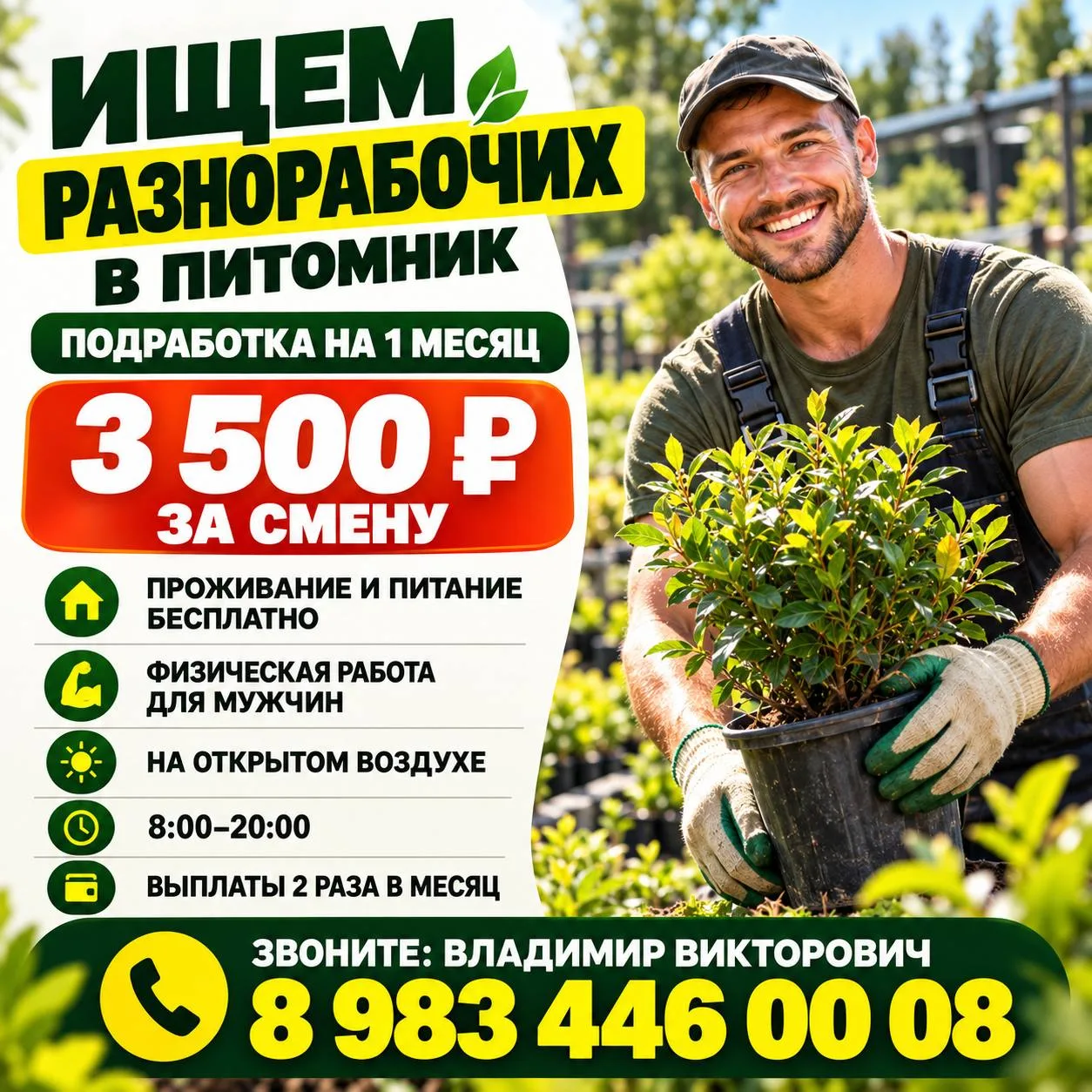 🌿 РАБОТА В ПИТОМНИКЕ РАСТЕНИЙ — 3 500 ₽ ЗА СМЕНУ!