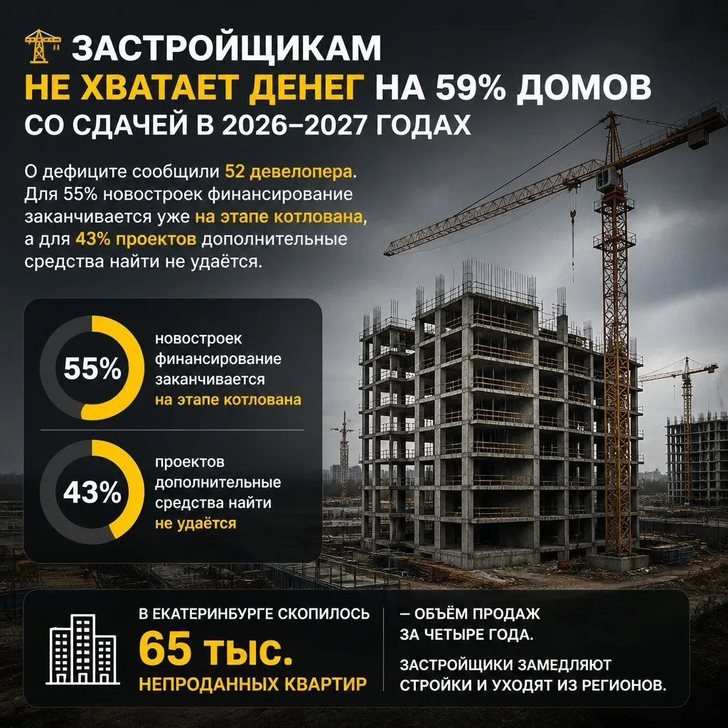 Главное: у застройщиков кончились деньги на 59% домов, которые обещали сдать в 2026–202...
