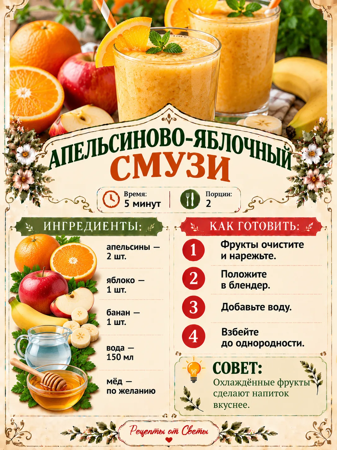 🍊 Апельсин, яблоко и банан: немного фруктового солнца в вашем стакане!