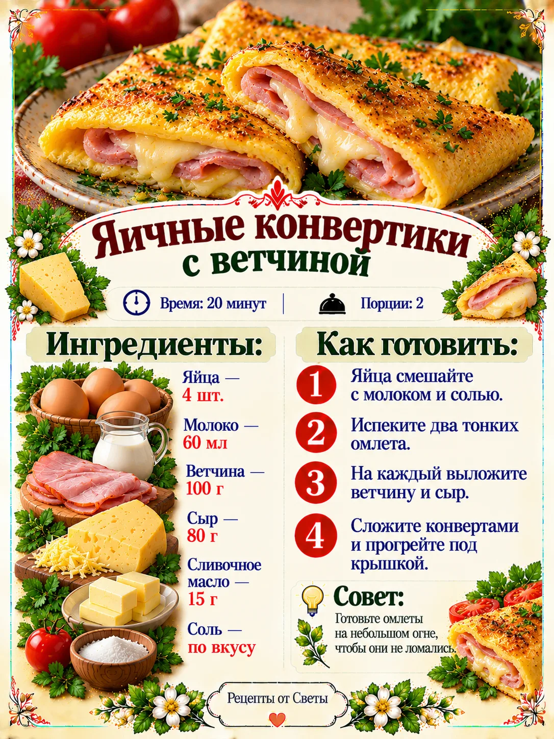 🍳 Румяные яичные конвертики с ветчиной, с которыми даже обычный завтрак становится мал...