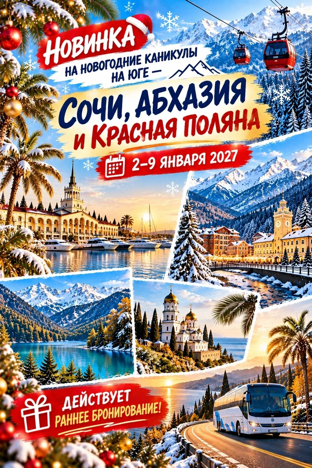🔥НОВИНКА НА НОВОГОДНИЕ КАНИКУЛЫ НА ЮГЕ — СОЧИ, АБХАЗИЯ И КРАСНАЯ ПОЛЯНА ПО АКЦИИ!