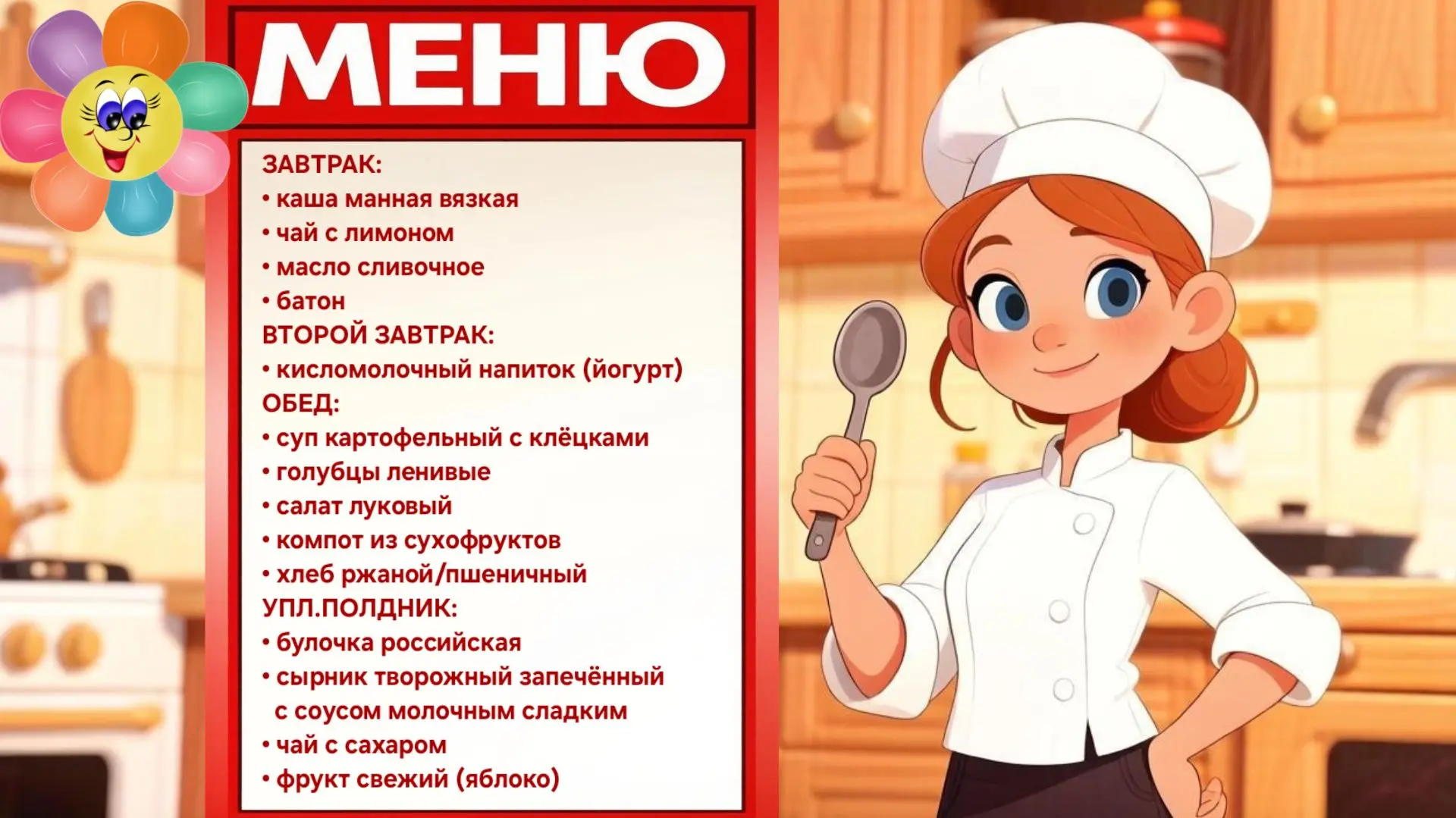 С радостью представляем вам меню на сегодняшний день в нашем детском саду!