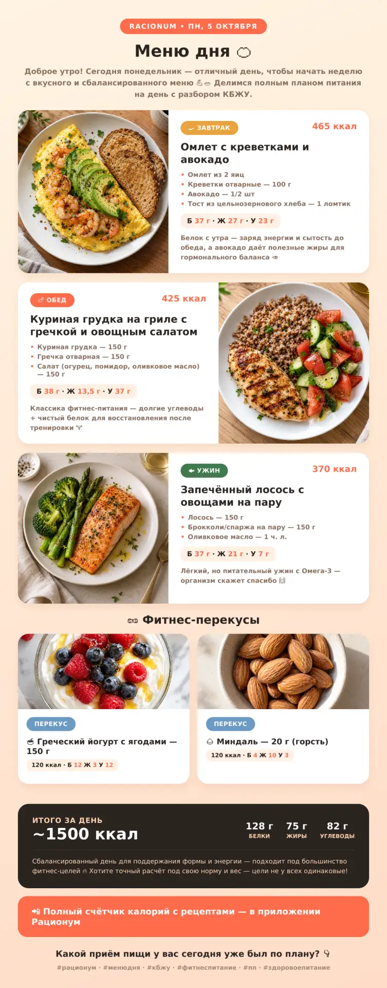 📋 Меню дня от Рационум: завтрак, обед, ужин и фитнес-перекусы
