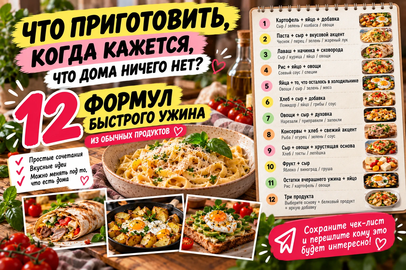ЧЕК-ЛИСТ: ЧТО ПРИГОТОВИТЬ, КОГДА КАЖЕТСЯ, ЧТО ДОМА НИЧЕГО НЕТ 🍽