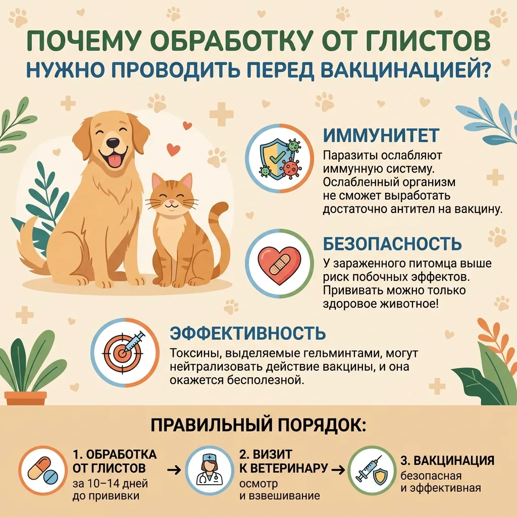 Почему важно проводить обработку от внутренних паразитов перед вакцинацией? Смотри памя...